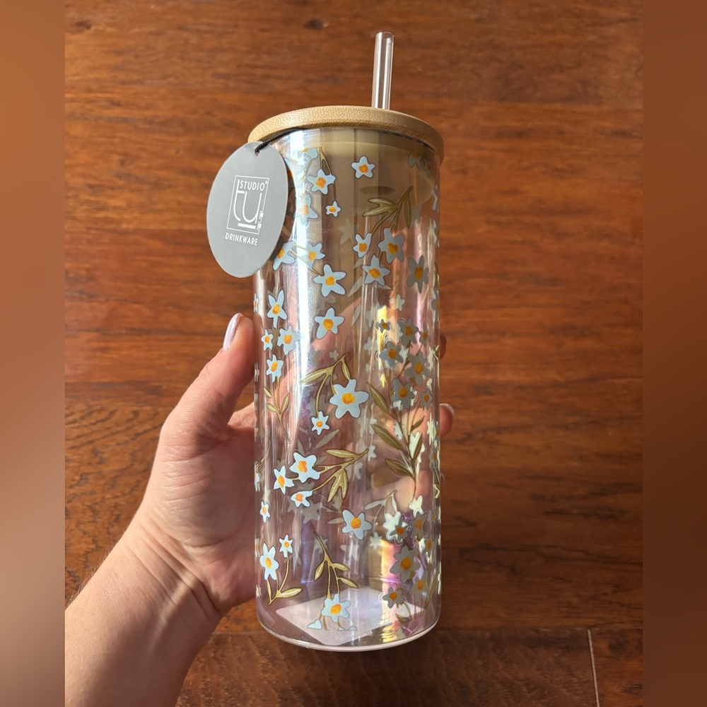Studio Oh! Floral Glass Tumbler With Bamboo Lid And Straw - Picture 4 of 7